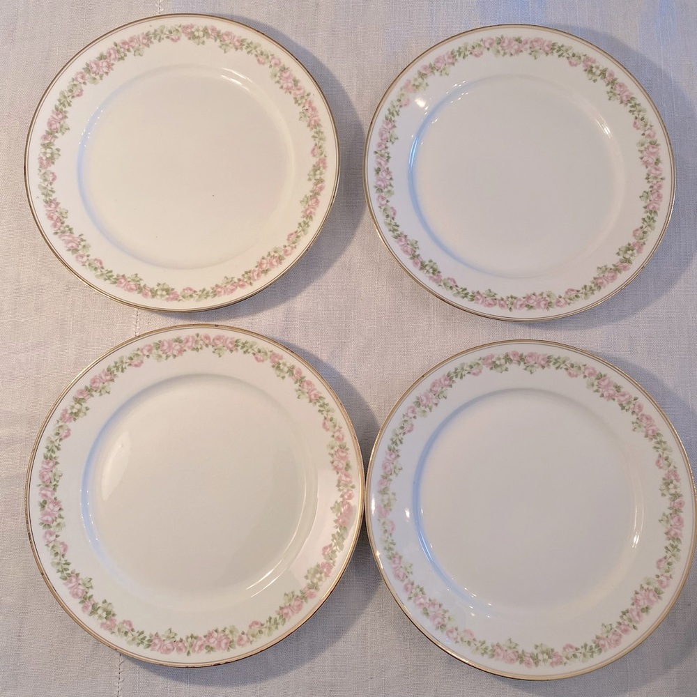 4 Vintage 9” white lunch plates - Pope & Gosser China pink & green flowers USA